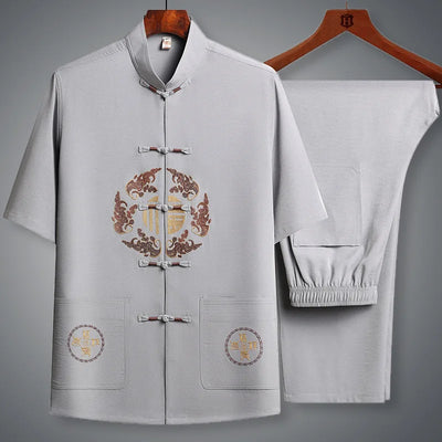 Chinese Traditional Tang Clothing Kung Fu Suit Fashion Casual Embroidery T-shirt Pants Wing Chun Tai Chi Comfortable Men's Set