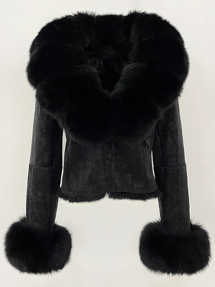 OFTBUY Fashion Short New Autumn Winter Fur Clothing Real Rabbit Fur Liner Suede Jacket Women Natural Fox Fur Collar Coat Female