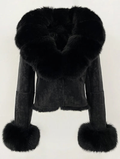 OFTBUY Fashion Short New Autumn Winter Fur Clothing Real Rabbit Fur Liner Suede Jacket Women Natural Fox Fur Collar Coat Female