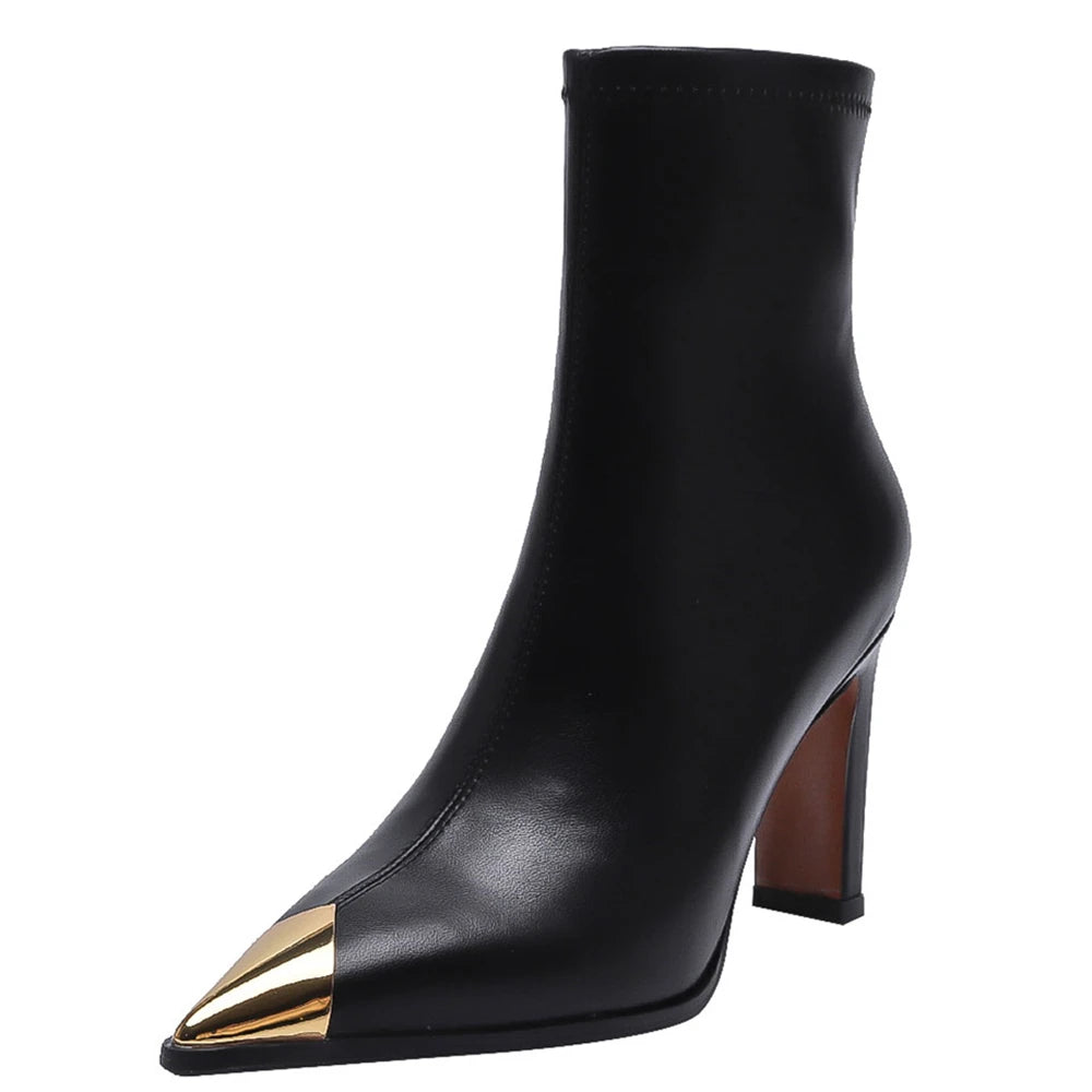 MILI-MIYA Fashion Metal Cover Pointed Toe Women Microfiber Ankle Boots Thick Heels Zippers Solid Color Casuals Street Shoes Hand