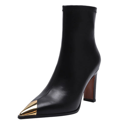 MILI-MIYA Fashion Metal Cover Pointed Toe Women Microfiber Ankle Boots Thick Heels Zippers Solid Color Casuals Street Shoes Hand