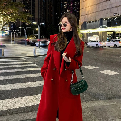 Autumn Winter Female Medium Long Styles Outwear Korean Ladies Long Sleeves Woolen Top 2024 Women Solid Color Wool Blend Jacket
