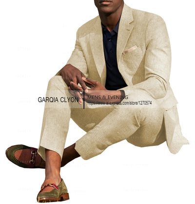 Linen Men's Suits 2 Pieces Summer Casual Notch Lapel Single Breasted Men's Wedding Suits（Blazer+Pants）