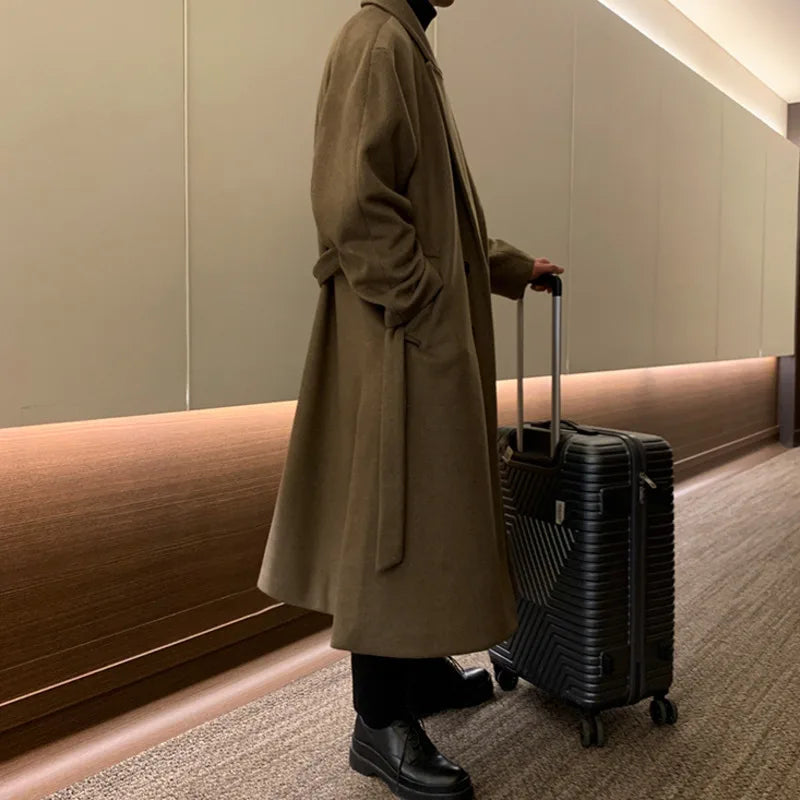 IEFB Thickened Male Woolen Coat Korean New Chic Men's Overcoat Turn-down Collar Single Breasted Solid Color Belt Outwear 9D1655