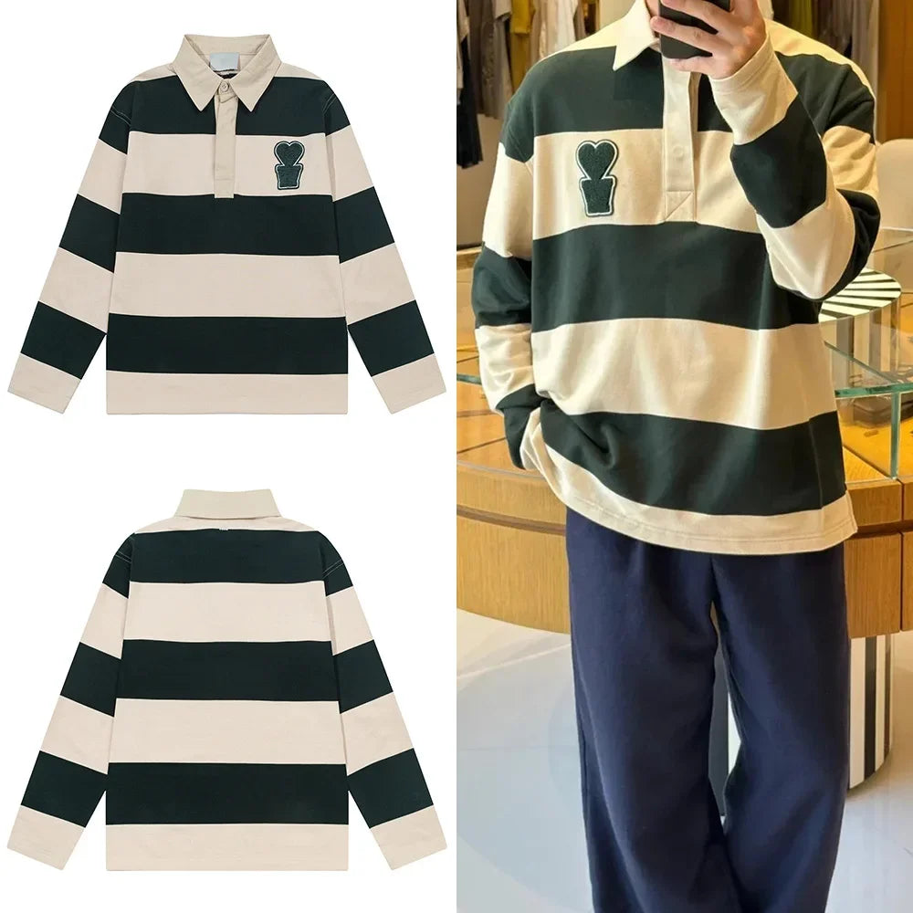 Casual Embroidered Collar Men's Sweatshirt Love Heart Stripe Color Block Top AMI ANCIENT Autumn Winter Polo Style Streetwear