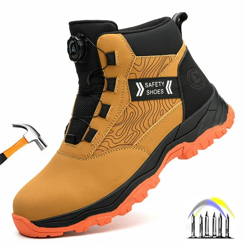 waterproof work shoes high man rotating button safety shoes anti-slip rubber outsole work boots sneakers with steel toe cap
