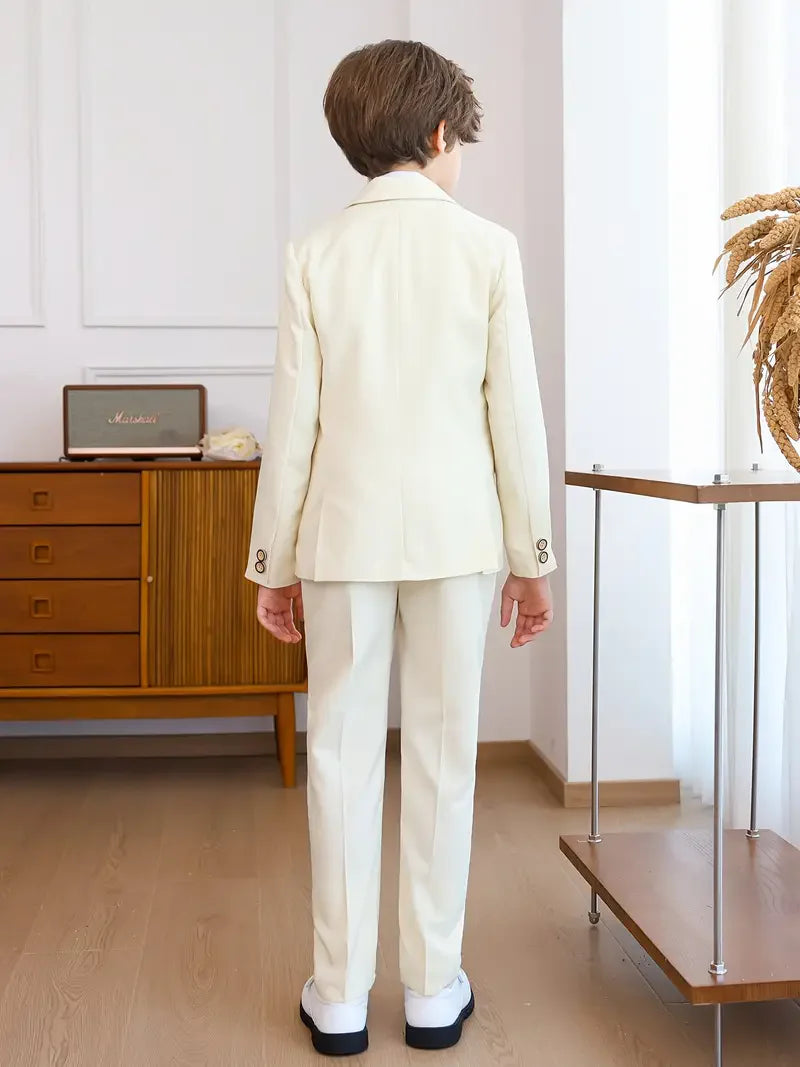 Boys Formal White 5Pieces/Set Jacket Vest Pants Bowtie+Pocket Cloth Wedding Birthday Party Dress Kids Host Performance Costume