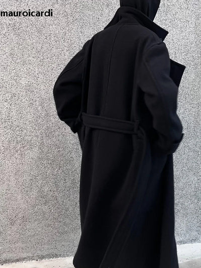 Mauroicardi Autumn Winter Oversized Long Thick Soft Warm Black Wool Blends Coat Men Luxury Designer Clothes Woolen Overcoat 2024
