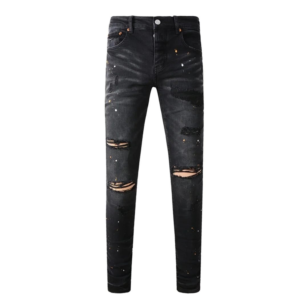 Americans High Street Trendy Men's Jeans Low Rise Stretch PantsSkinny Button Fly Ripped Retro Hold Trousers