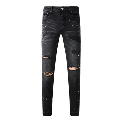 Americans High Street Trendy Men's Jeans Low Rise Stretch PantsSkinny Button Fly Ripped Retro Hold Trousers