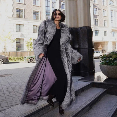 Women Real Silver Fox Fur Coat with Lapel Collar Whole Skin Genuine Silver Fox Fur Coat Women Winter Outwear Thick Warm Overcoat