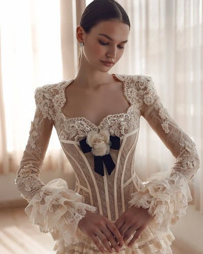 Princess Lace Mermaid Evening Dresses With Delicate Appliques Ruffles Lace Long Bridal Dress Formal Dress