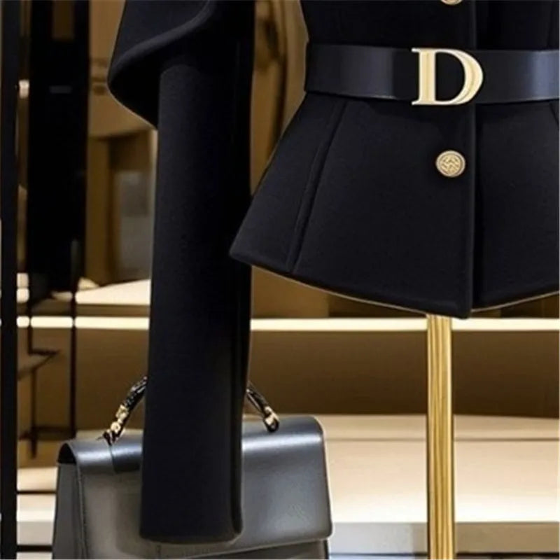 Limiguyue Black Short Jacket for Women Small Fragrance Letter Belt Coat High End Design Turn Down Collar Tops Autumn Winter 493P