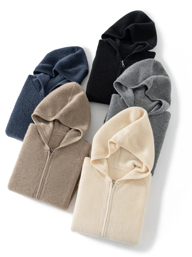 Men's Autumn Winter Cashmere Sweater Zippers Hooded Cardigan Jacquard Casual Pockets 100% Cashmere Knitwear Raglan Sleeve Tops