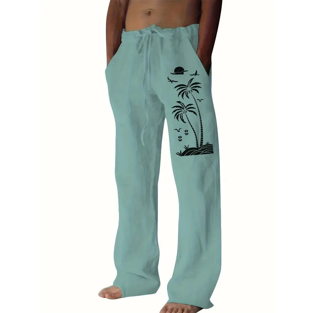 Vintage Coconut Tree Sunset Print men's New Winter Pants Fashion men's Sweatpants Men's Loose Casual Pocket Pull Rope Sweatpants