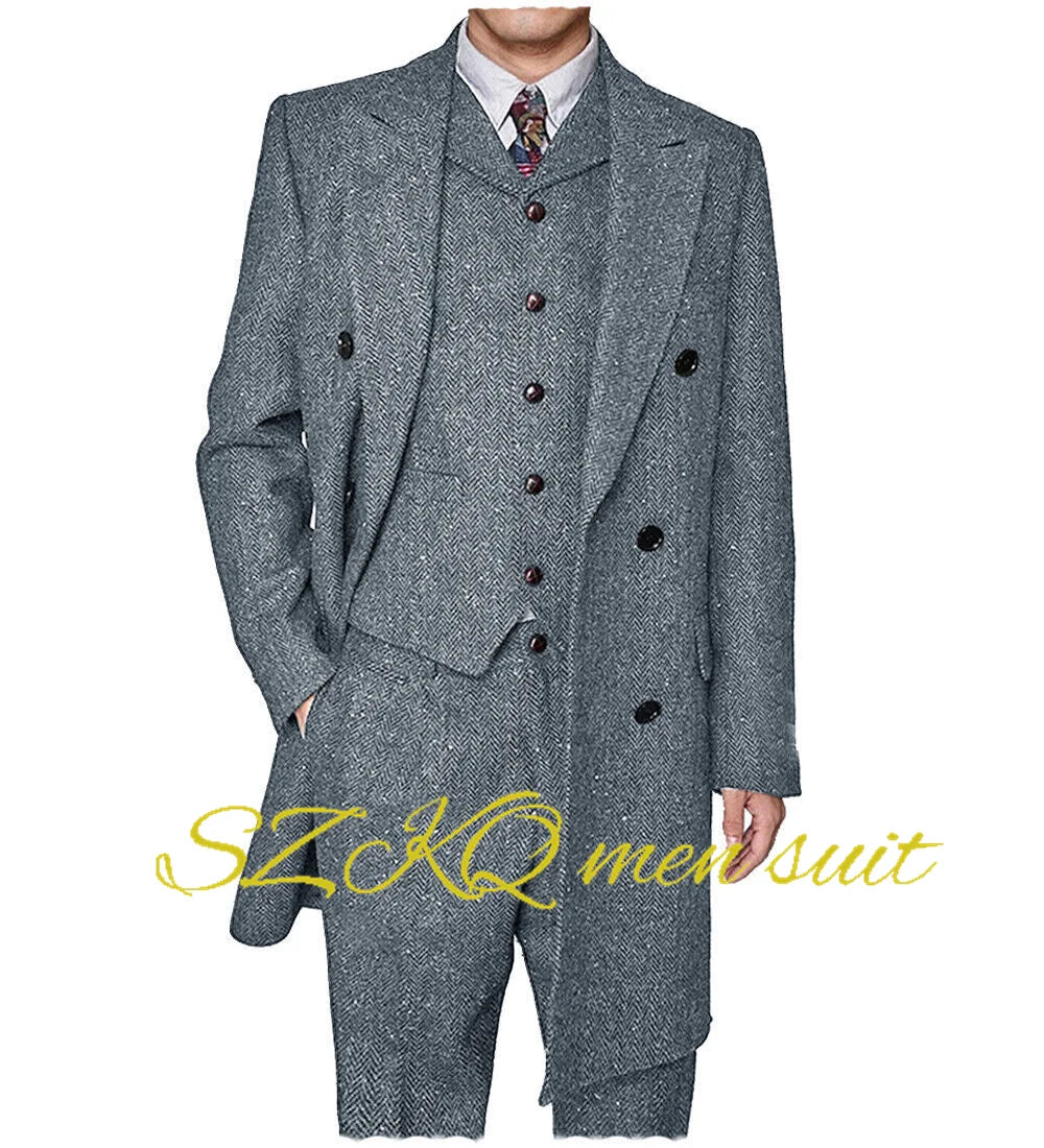 Men's Suit Retro 3 Piece Herringbone Long Jacket Double Breasted Blazer