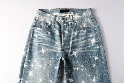 Men Straight jeans Fashion High Street Retro wash Rhinestones Retro Street Style Hip-hop Straight Trousers Streetwear Jeans