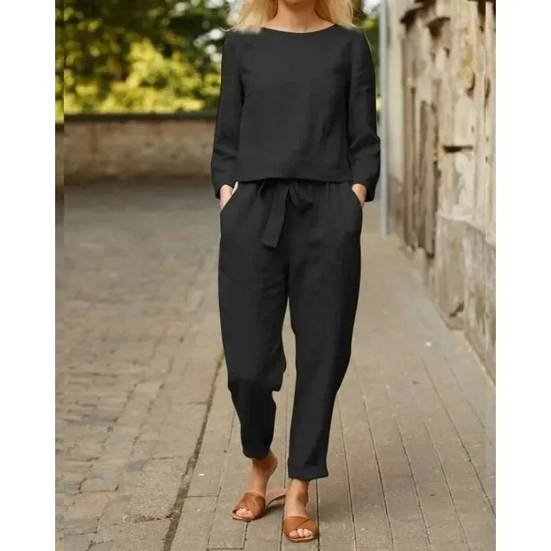 Spring Summer New Vintage Print Long Sleeve round Neck T-Shirt Set Wide Leg Pants Ethnic Style Fashionable Women's Outfit