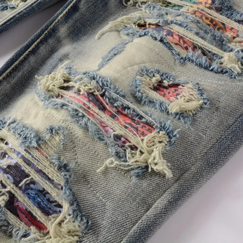 European and American Men's High Street Ripped and Patchwork Jeans, Youth Men's Patch Elastic Slim Fit Ankle-Length Jeans