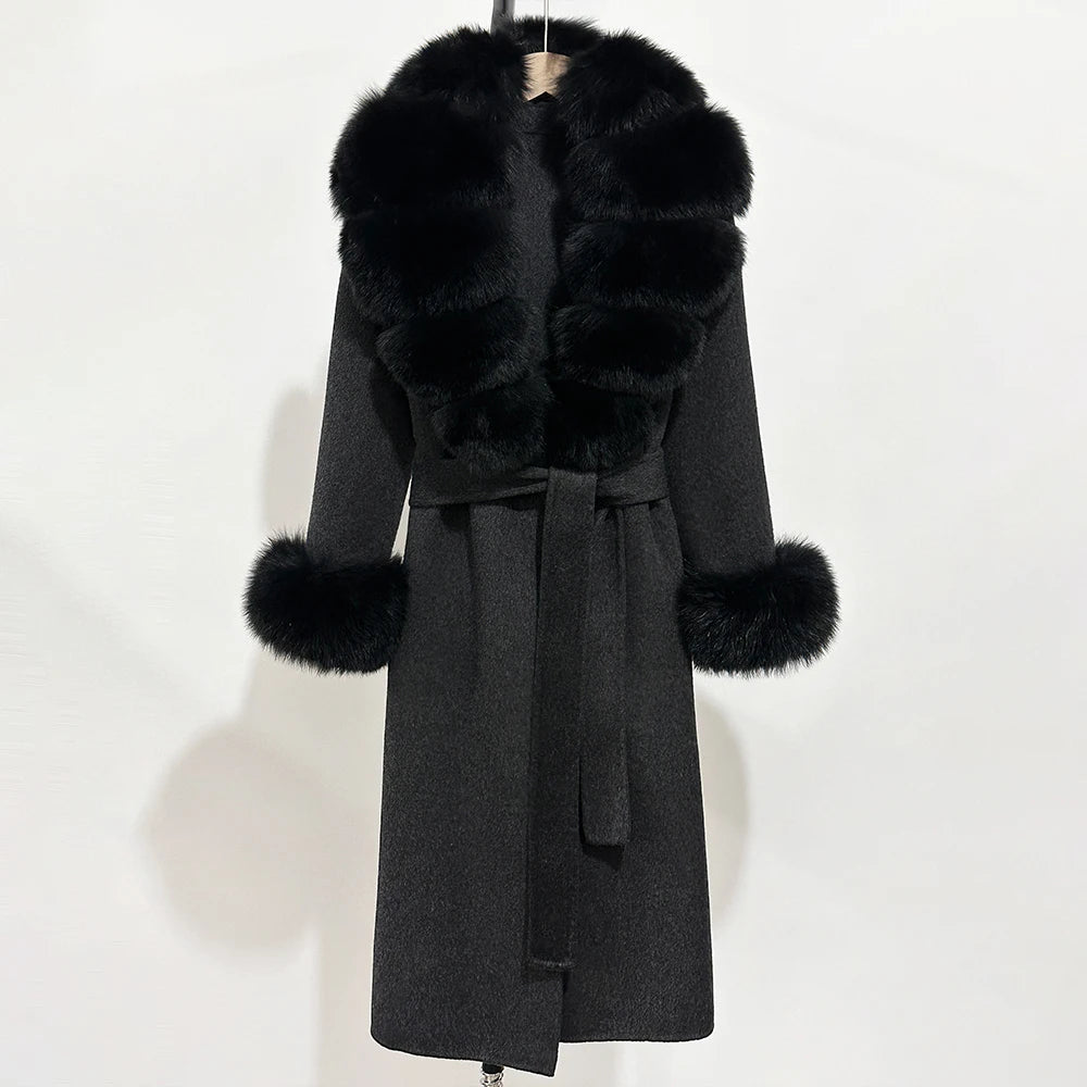 2025 New Autumn Wool Blend Coat Women Elegant Warm Real Fox Fur Collar Winter Wool Coat Female Double-sided Cashmere Jacket