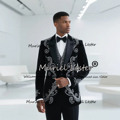 Crystals Beaded Men Suits 2 Pieces Prom Party Blazer Customized Slim Fit Wedding Groom Tuxedos Jacket Pants Costume Homme 2025
