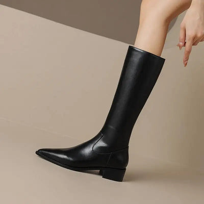 Krazing Pot Cow Skin Ins Pointed Toe Thick Heels Riding Boots British School Slip On French Romantic Model Wear Thigh High Boots