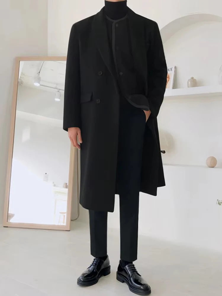 Mauroicardi Autumn Winter Long Warm Camel Black Woolen Coat Men Double Breasted Korean Style Wool Blends Overcoat with Back Slit