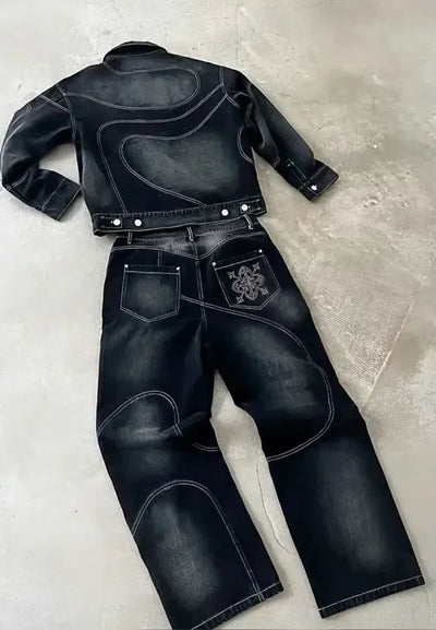 Mens Clothes Letter Embroidery Patchwork Rhinestone Y2k Two Piece Set Hip Hop Retro Zipper Denim Jacket Baggy Jeans Streetwear