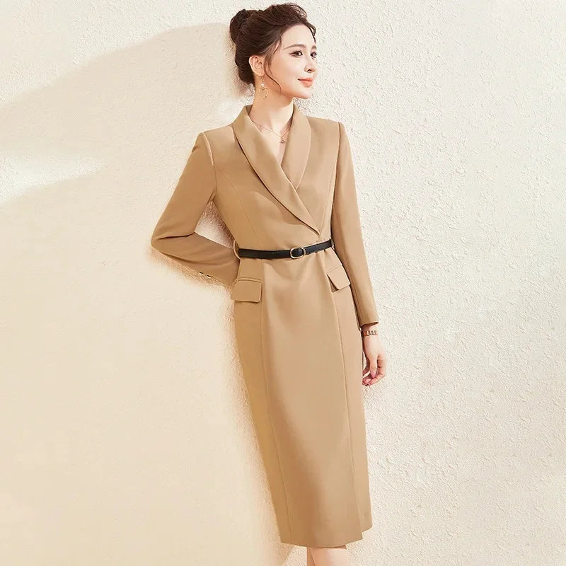 Elegant Slim Fit Suit Dress for Women Black Long Sleeve Commute Friendly Professional Long Skirt Style Spring Ready