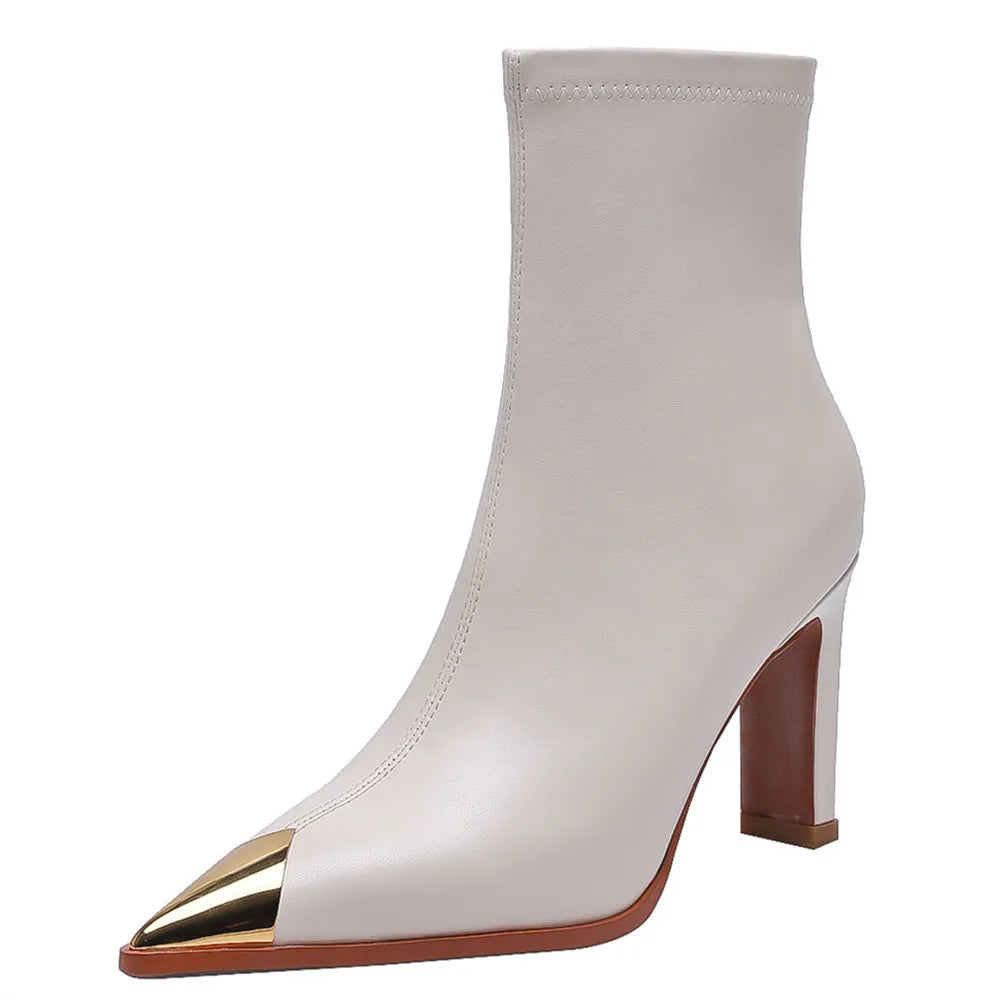 MILI-MIYA Fashion Metal Cover Pointed Toe Women Microfiber Ankle Boots Thick Heels Zippers Solid Color Casuals Street Shoes Hand