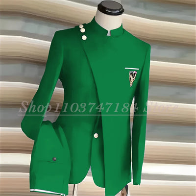 Navy Blue Men's Suits Single Breasted Stand Lapel Blazer African Style Formal Occasion Party 2 Piece Jacket Pants Costume Homme