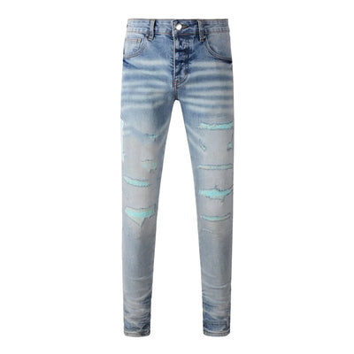 Americans Streetwear Distressed Vintage Men's Jeans Low Rise Stretch Skinny Button Fly Ripped Hold Pants