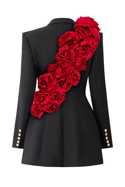 Newest Couture Stretchy Black Women Blazer Dresses With Red Handmade Flower Details Fashion Maxi Dress