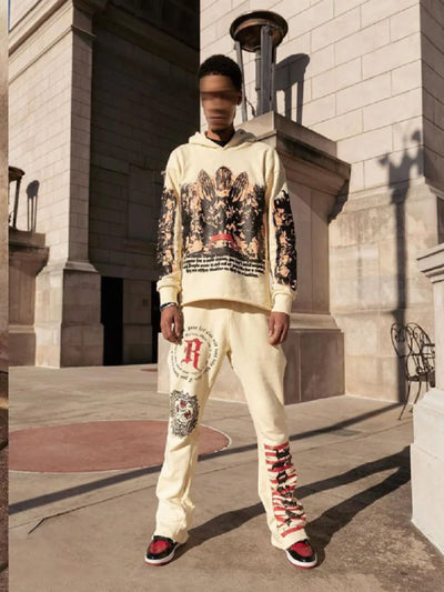 Y2K Autumn/Winter Hoodie Suit Flared Trousers Oversized Men's clothing  Fashion Trend High Street Pants Casual Sets 2024