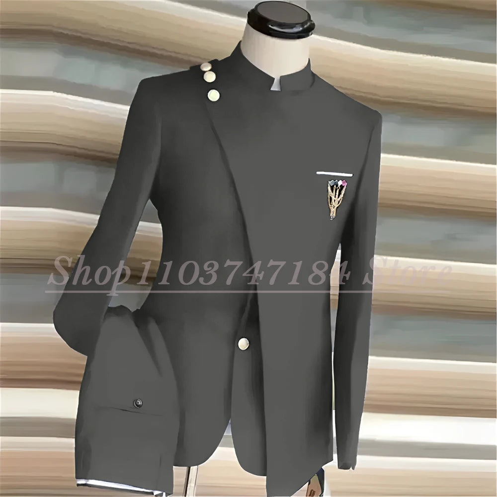 Navy Blue Men's Suits Single Breasted Stand Lapel Blazer African Style Formal Occasion Party 2 Piece Jacket Pants Costume Homme