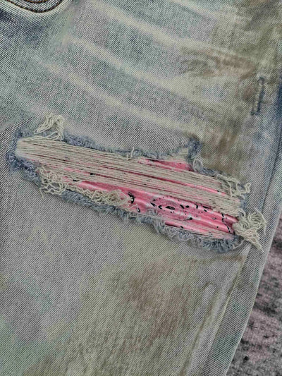 men dirty washed pink ribbed patch distressed jeans
