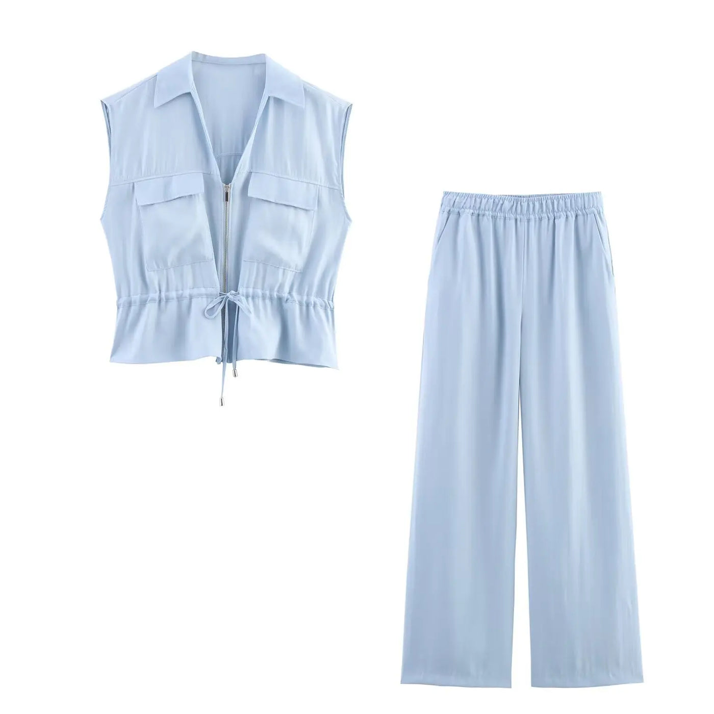 TRAFZA Women Casual Chic Blue Pant Set Zipper V-neck Beige Vest Elastic Waist Pant 2025 Spring Fall Fashion Elegant Vest Set