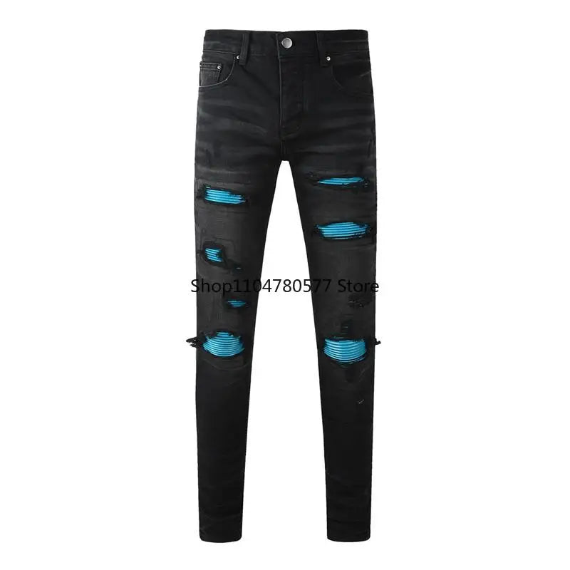 Americans Streetwear Distressed Vintage Men's Jeans Low Rise Stretch Skinny Button Fly Ripped Hold Pants