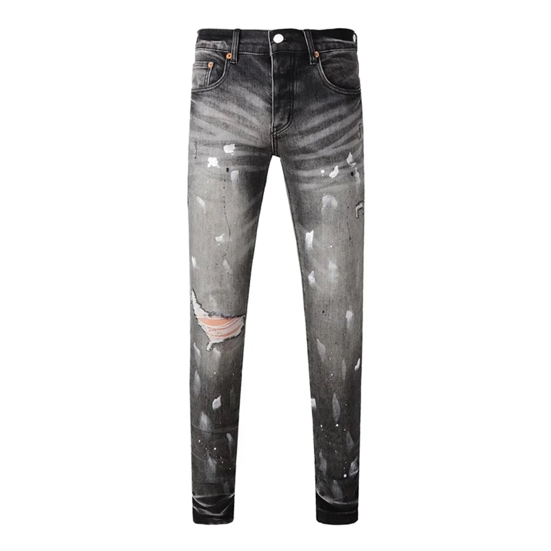 Fashion American Streetwear Distressed Vintage Men's Jeans Low Rise Stretch Skinny Button Fly Ripped Hold Pants