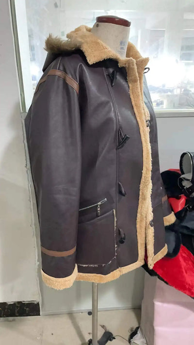 Retro Hooded Winter Leather Jacket Male Fur Integrated Coat Men Jacket with Button Closure Pockets Warm Wool Fur Jacket Coat