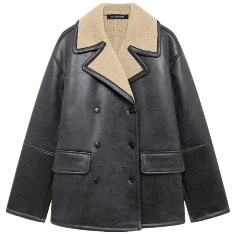 Double-Sided Leather And Fur Collar Jaet 2024 Autumn Winter New Women's Faion Versatile Flip Collar Jaet Outerwear