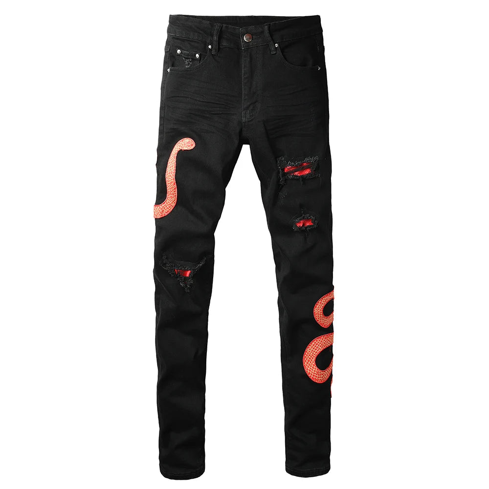 Men's Black Snake Embroidery Stretch Denim Jeans Pants Skinny Tapered Pencil Trousers with Snakeskin Leather Patch