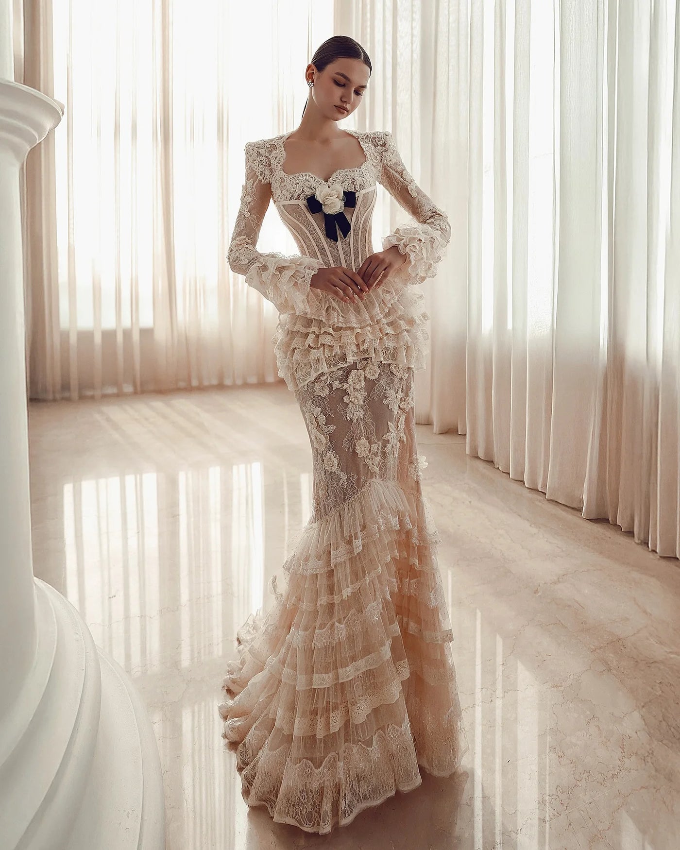 Princess Lace Mermaid Evening Dresses With Delicate Appliques Ruffles Lace Long Bridal Dress Formal Dress