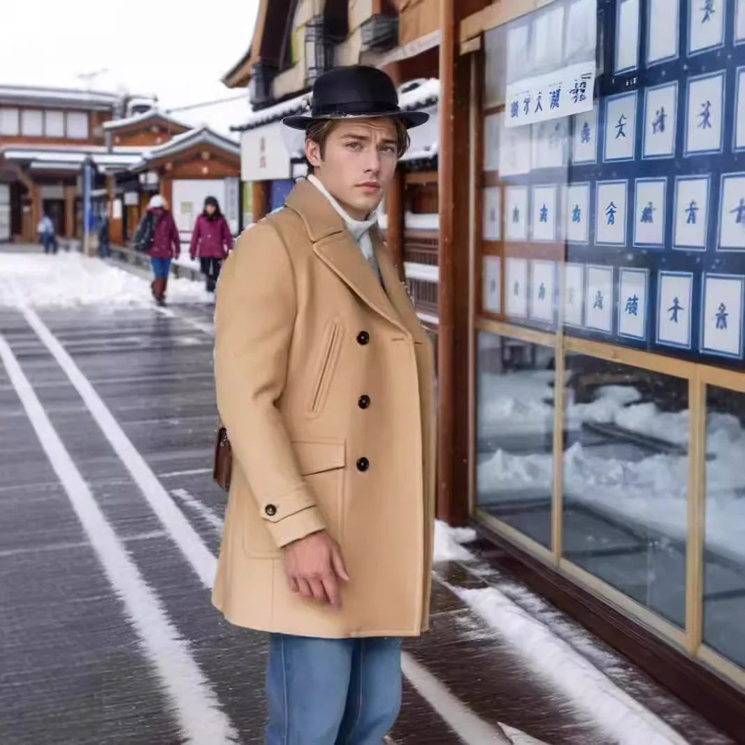 New Men's Clothing British Men's Mid to Long Length Long Sleeved Woolen Coat Jacket