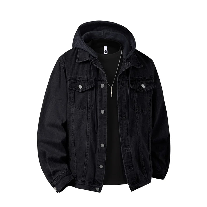 Autumn Green Men's Hooded Denim Jacket, Detachable Hood, Available in Gray, Black, and Blue.
