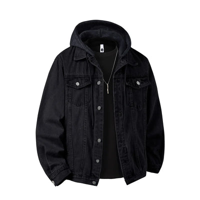 Autumn Green Men's Hooded Denim Jacket, Detachable Hood, Available in Gray, Black, and Blue.