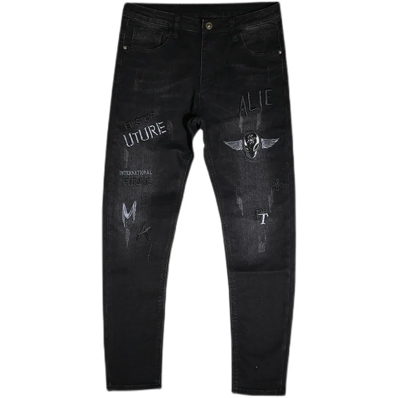 Embroidered printed black jeans for men, fashionable street style slim fit with small feet, trendy stretch denim pants