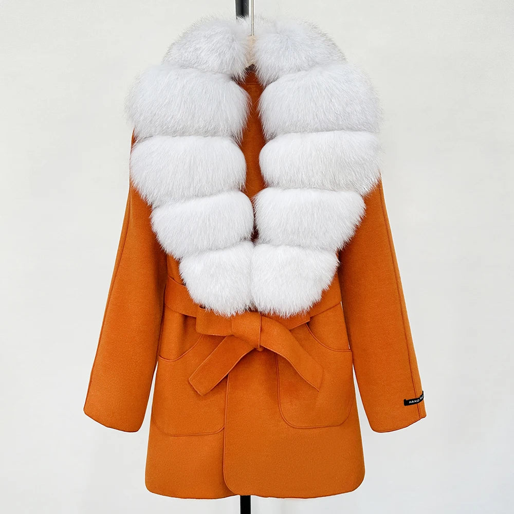 Wool Blend Jacket Autumn Women Winter Fashion Real Fox Fur Collar European Fahsion Woolen Coat Natural Fur Collar Coat Female