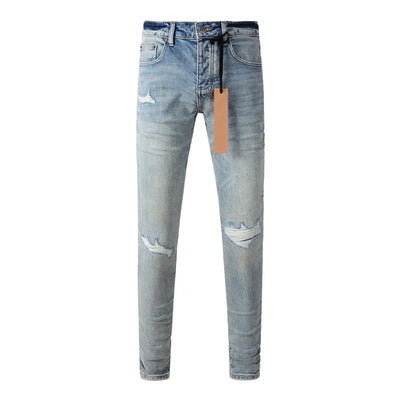 25fw High Street Men's Jeans Paint Hole Trend Low Rise Skinny Denim Pants Pleated Ripped Solid Trousers