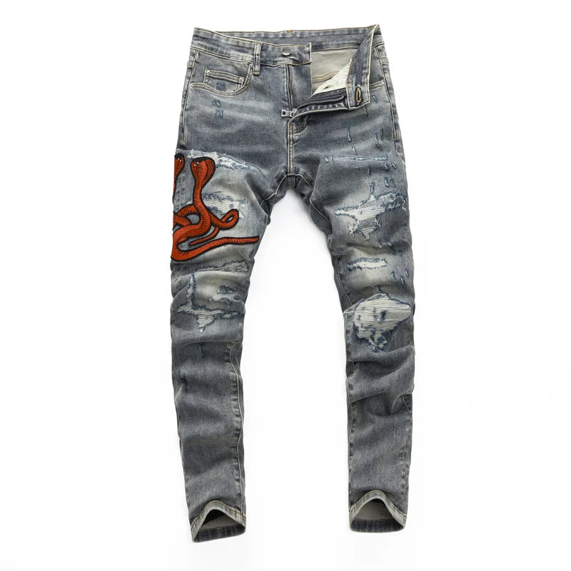 Y2K street fashion new men's jeans Y2k snake embroidery nostalgic washed elastic slim fit perforated red skin patch light blue